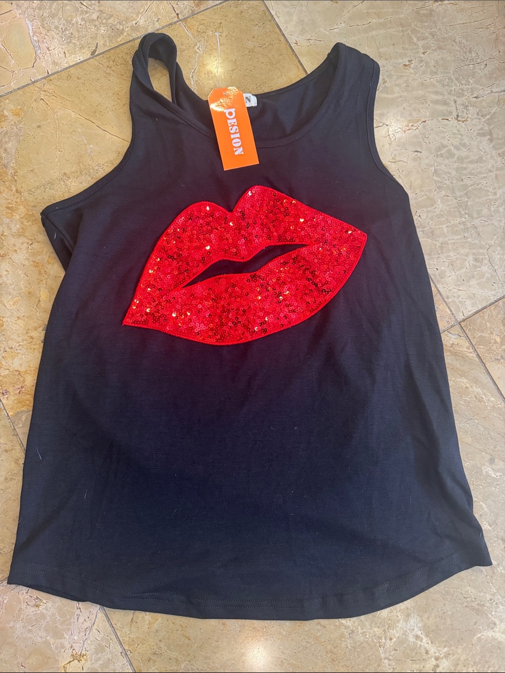 Stylish Black Tank Top with Red Sequin Lip Graphic